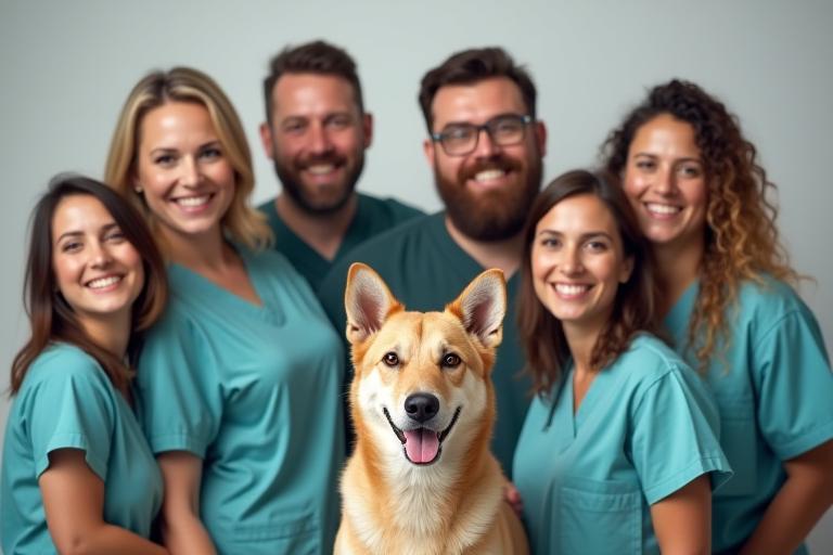 Hohoemi Petto team smiling warmly with a friendly dog