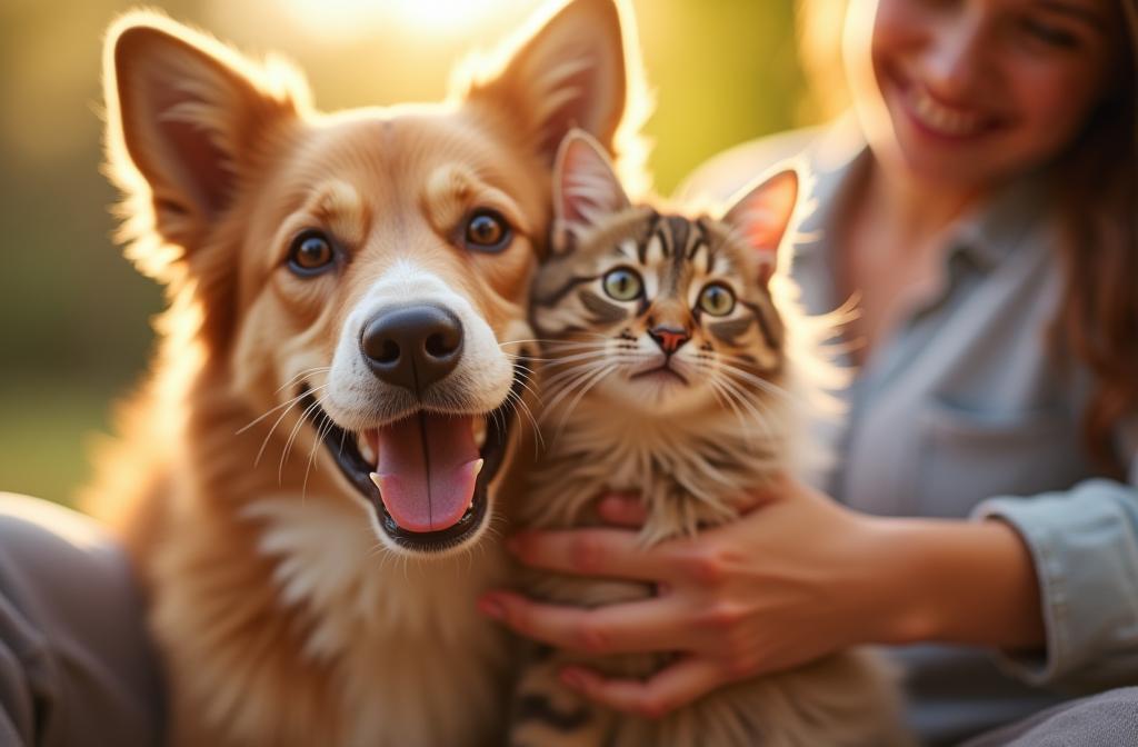 Happy dog and cat with owner smiling in sunlight