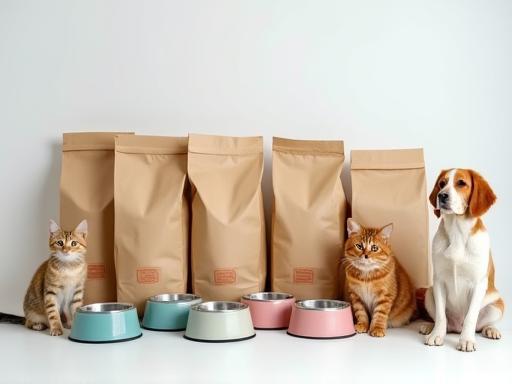 Assortment of various pet food bags and bowls for dogs and cats