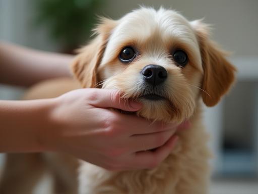 Owner gently grooming a small dog at home, brushing its fur