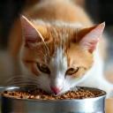 Photo of a healthy looking cat happily eating from a bowl