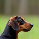 Photo of a small dog looking obediently at its owner